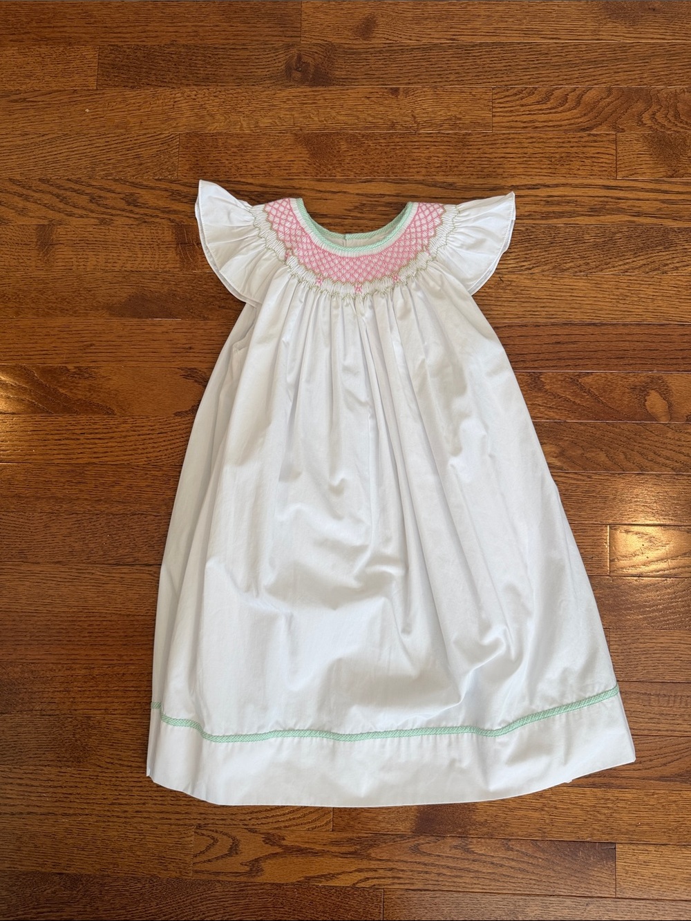 White Girls' Smocked Flutter-Sleeve Formal Dress with Pink Trim